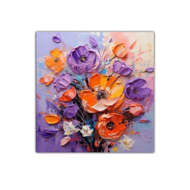 Cuadro floral con vibrantes colores naranjas y violetas