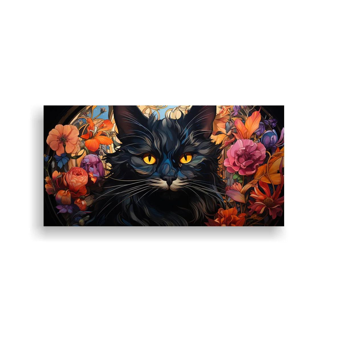 Cuadro gato negro entre flores sobre fondo oscuro