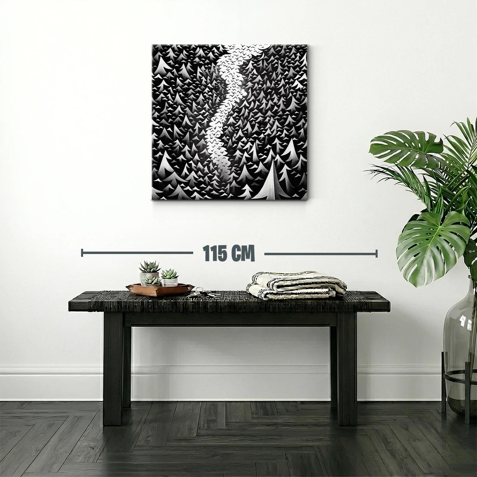 Bosque en blanco y negro con cielo lleno de aves — miniatura 2