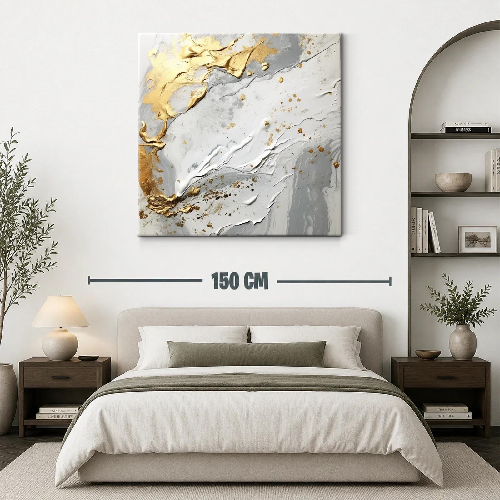 Cuadro abstracto tonos dorados y grises con relieve elegante — miniatura 3