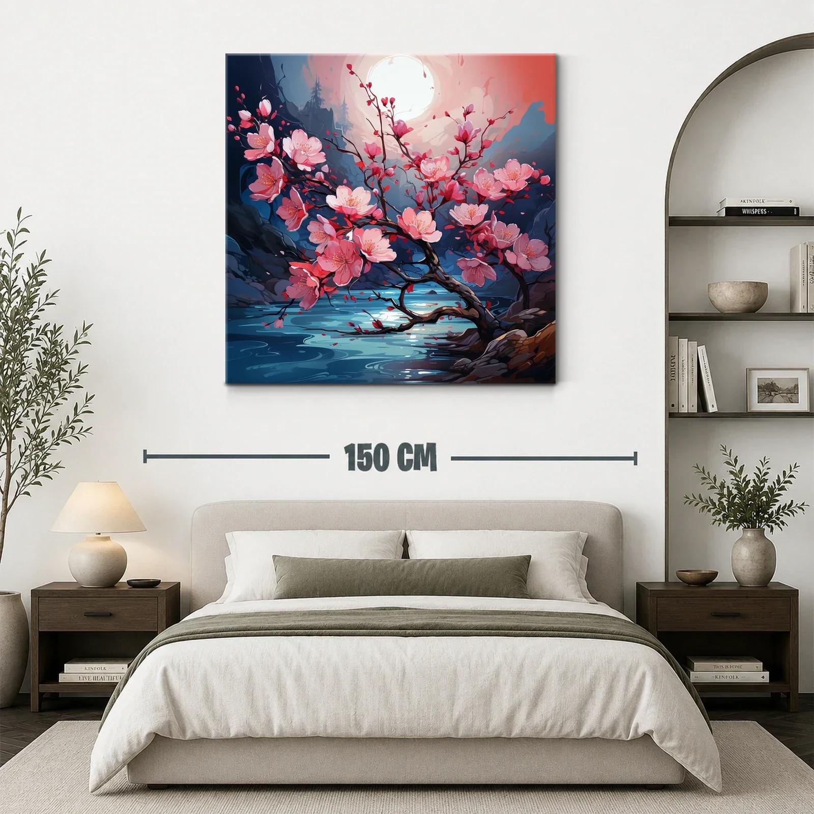 Rama de flores rosas bajo la luna en paisaje sereno — miniatura 3