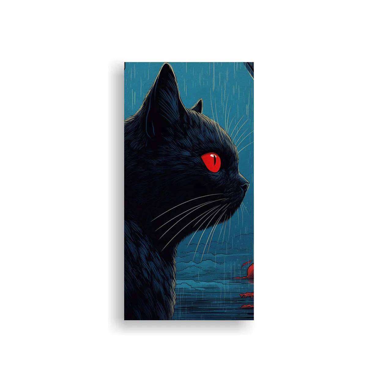 Cuadro gato negro de perfil con ojo rojo y pez rojo
