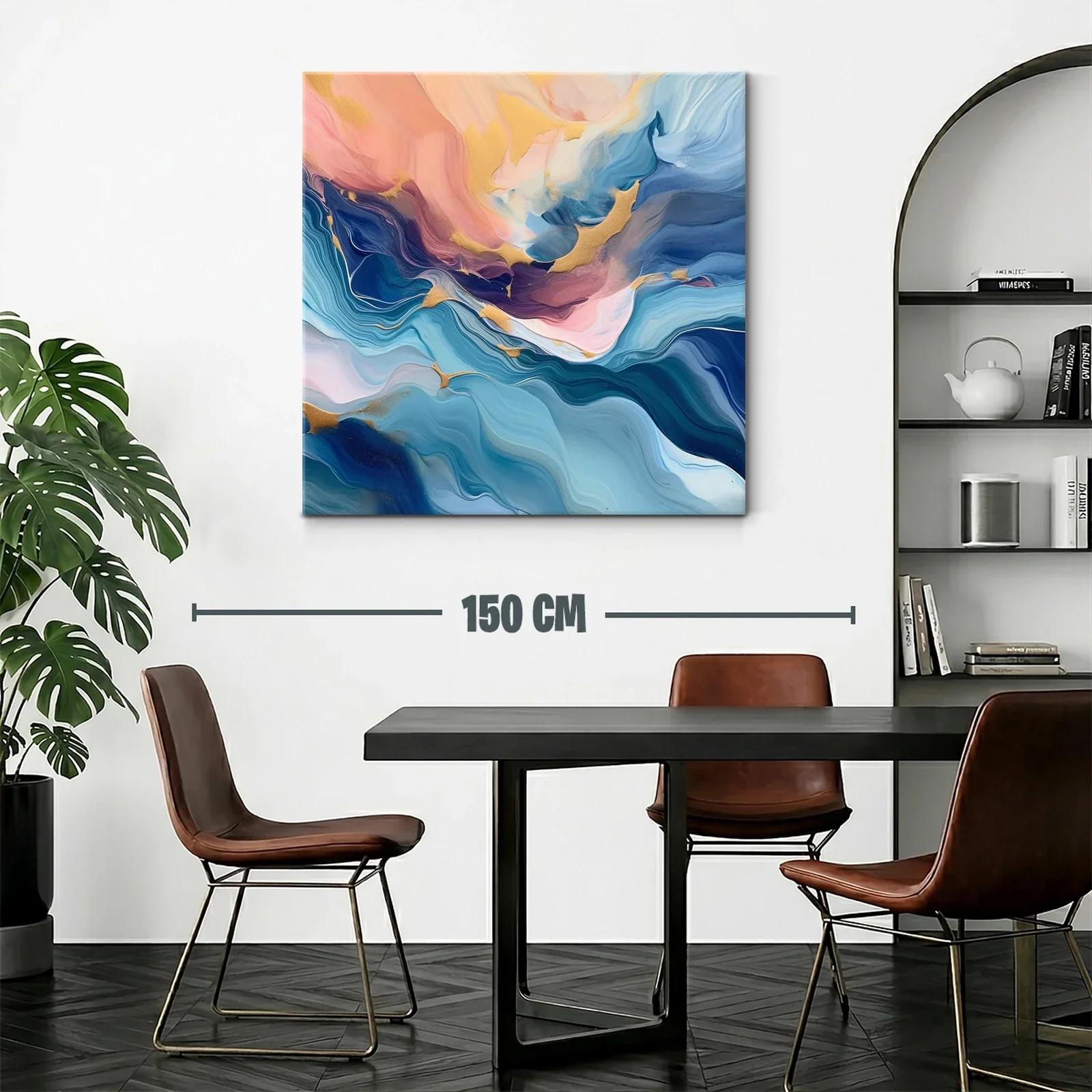 Cuadro abstracto en tonos azules y dorados con toques rosados — miniatura 2