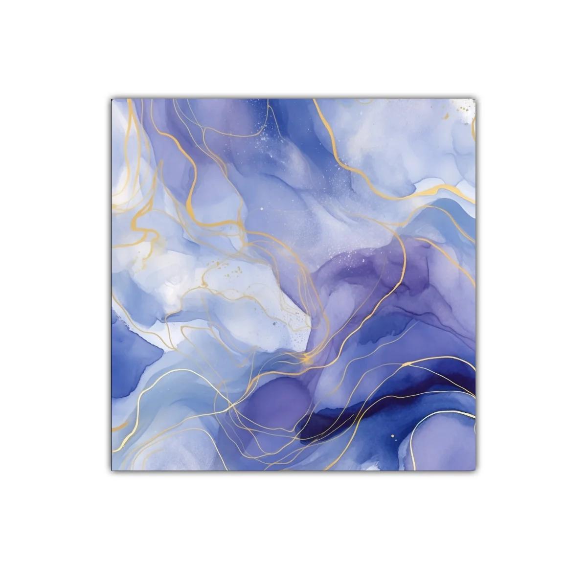 Cuadro abstracto con tonos azules y detalles dorados fluidos — miniatura 1
