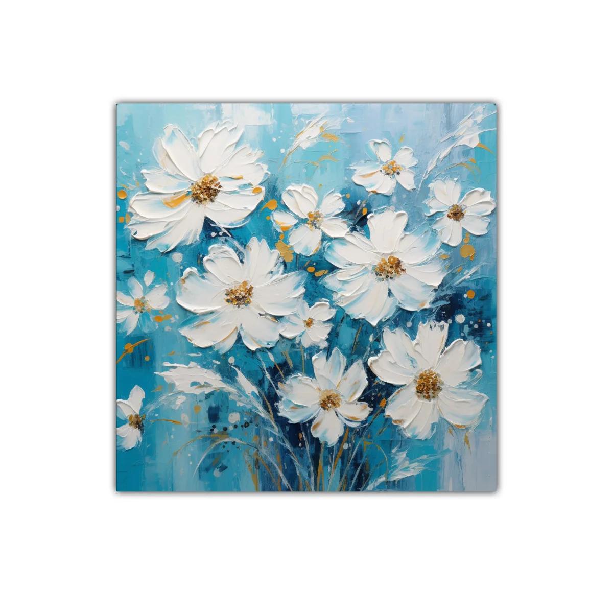 Cuadro floral con vibrantes flores blancas sobre azul