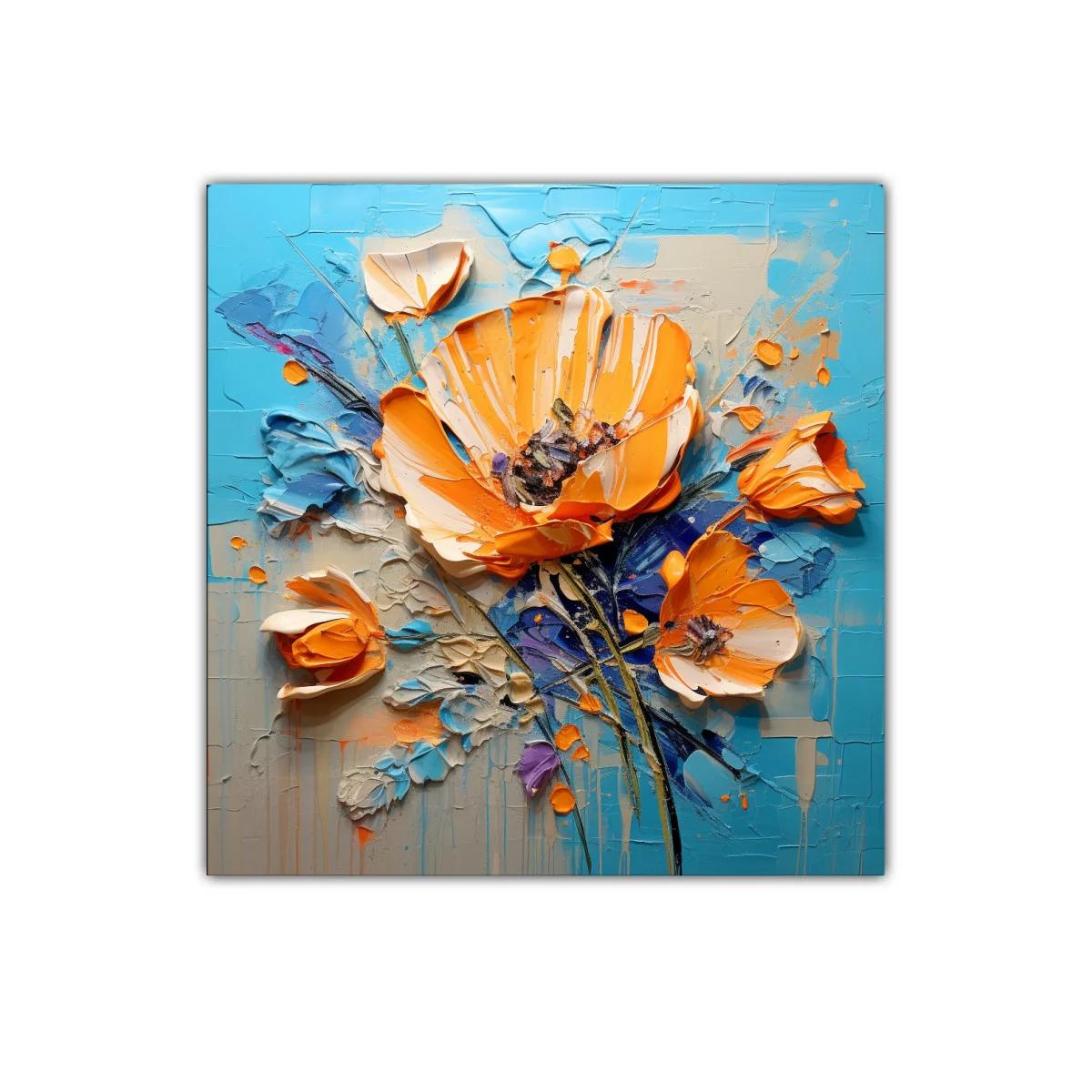 Composición floral vibrante con tonos naranjas y azules — imagen principal