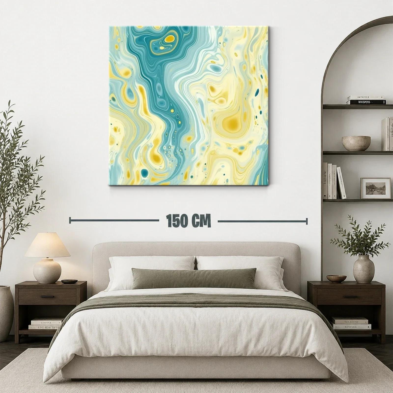 Cuadro abstracto con fluidas formas y tonos aqua y amarillo — miniatura 3