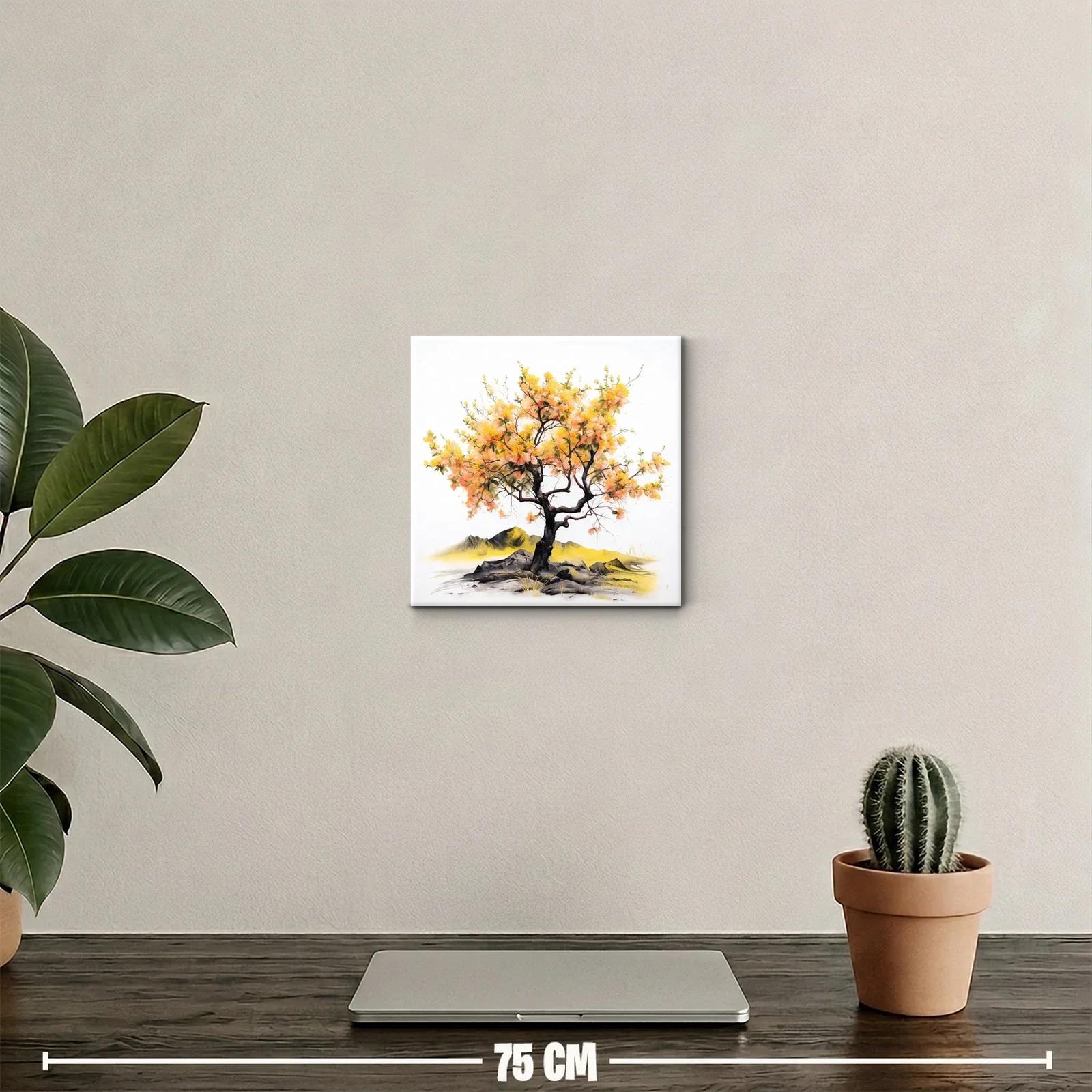 Arbol con flores amarillas y naranjas sobre rocas y paisaje — miniatura 2