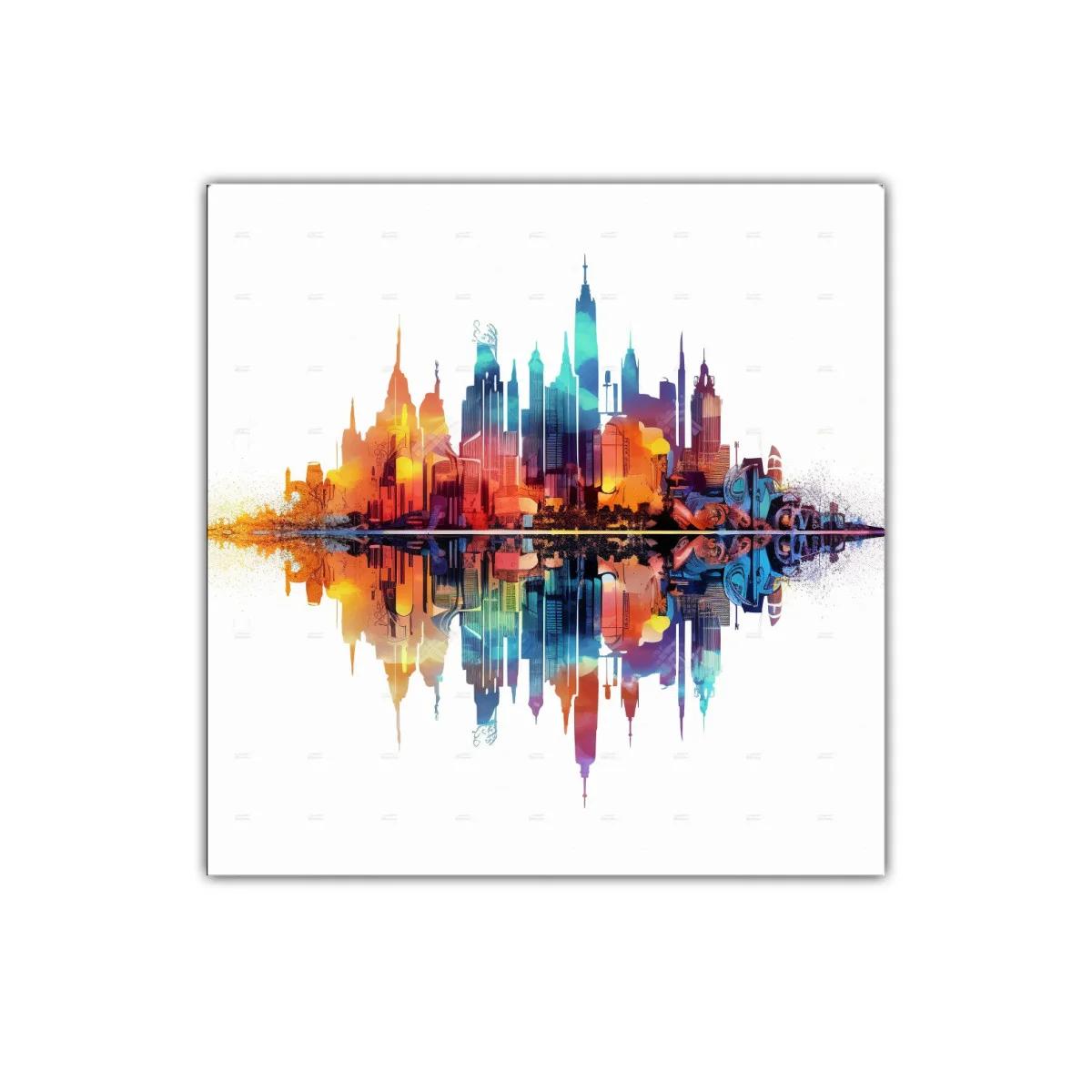 Cuadro colorido con skyline urbano y reflejo vibrante — imagen principal