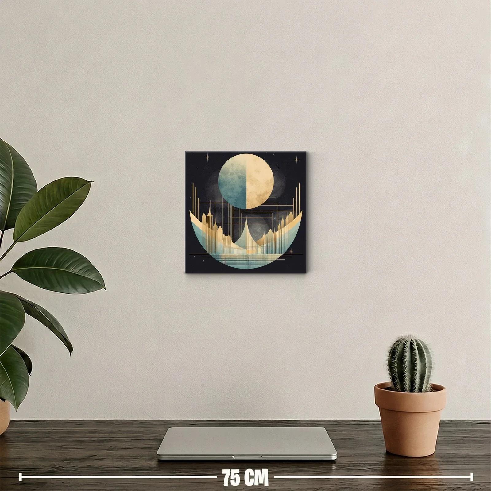 Cuadro abstracto con luna y ciudad futurista en tonos dorados — miniatura 2