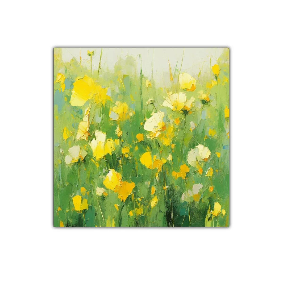 Cuadro con flores amarillas en campo verde vibrante — imagen principal