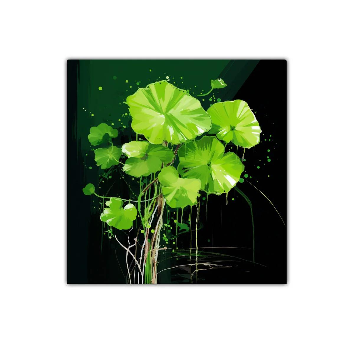 Cuadro decorativo hojas verdes vibrantes sobre fondo oscuro