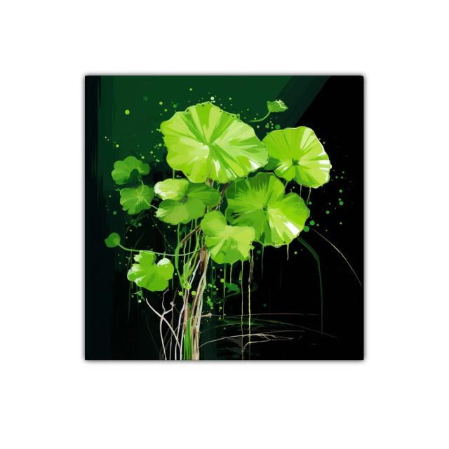 Cuadro decorativo hojas verdes vibrantes sobre fondo oscuro