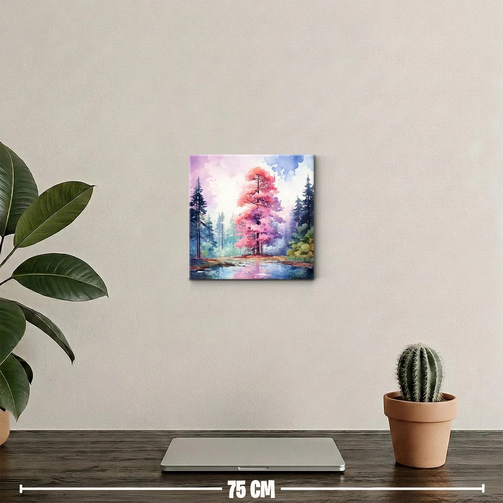 Árbol rosa en paisaje sereno junto a lago reflejado — miniatura 2