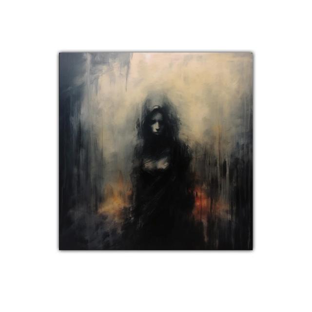 Visión oscura de figura femenina entre sombras difusas