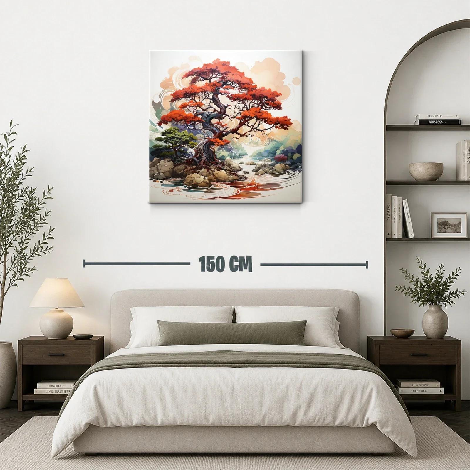 Árbol rojo sobre río con rocas y paisaje sereno — miniatura 3