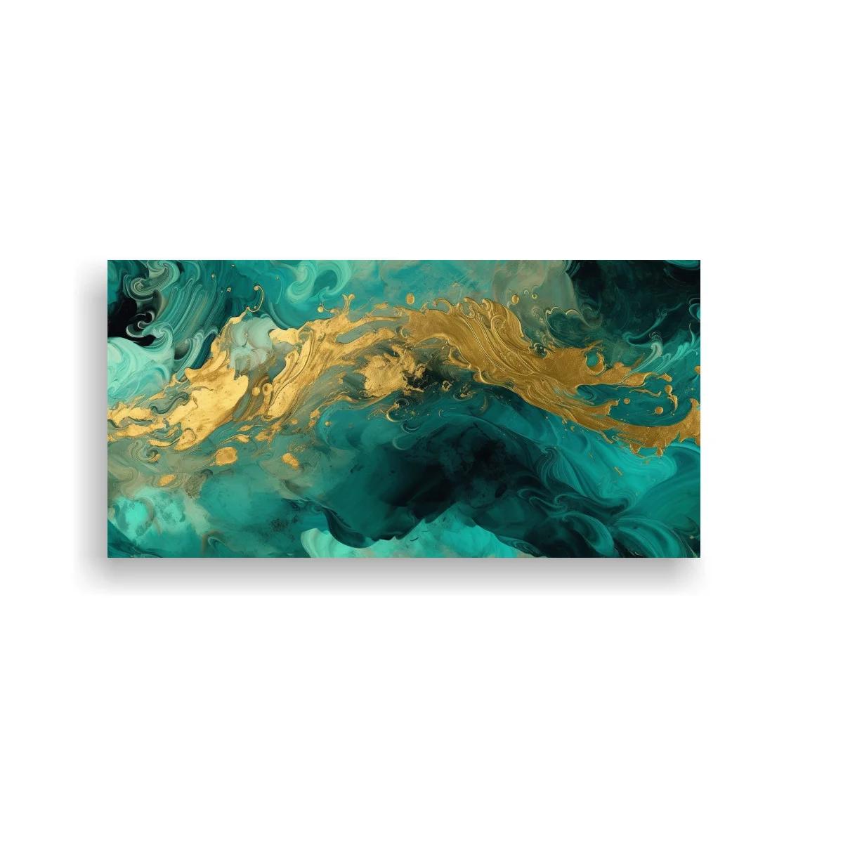 Cuadro remolino abstracto turquesa con franja dorada sinuosa