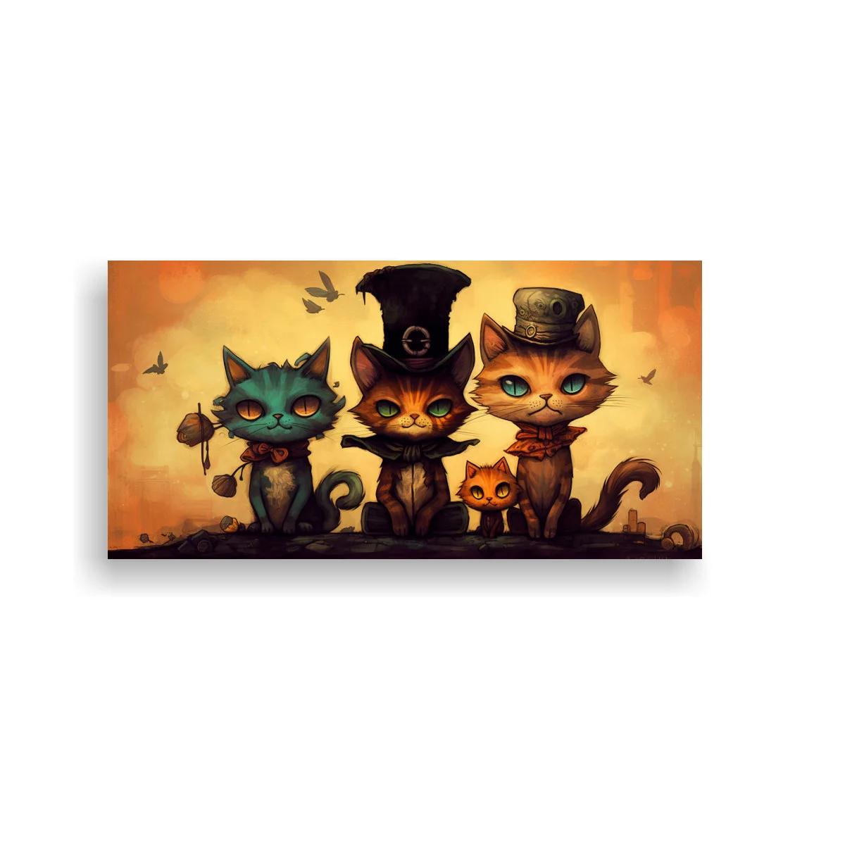 Cuadro tres gatos con sombreros y pájaros volando — imagen principal