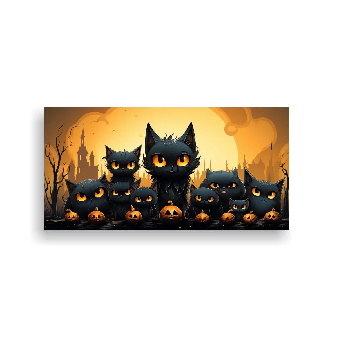 Cuadro de gatos negros con luna y calabazas de Halloween