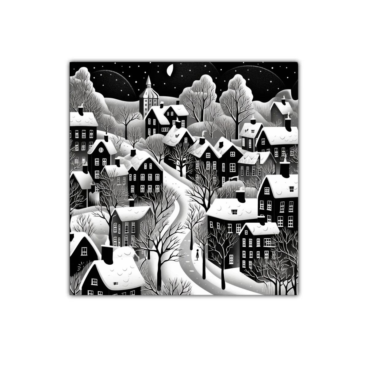 Invierno en el pueblo bajo la luna con nieve y árboles desnudos — imagen principal