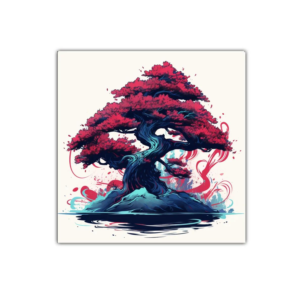 Árbol bonsái vibrante con follaje rojo intenso y base azul — miniatura 1