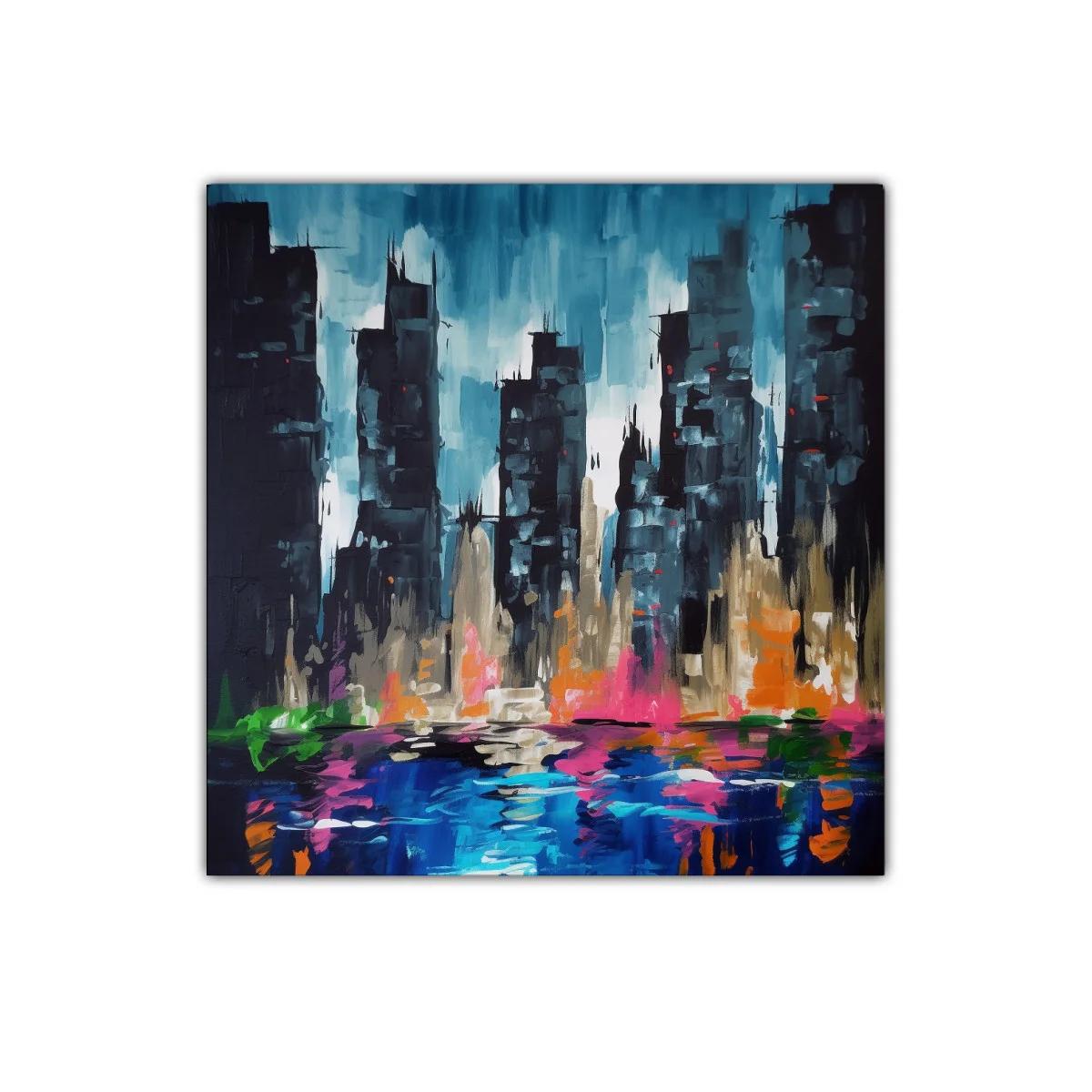 Ciudad nocturna con reflejos vibrantes y luz dinámica
