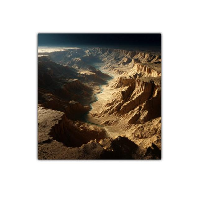 Paisaje de cañón iluminado por luz cálida y sombras profundas