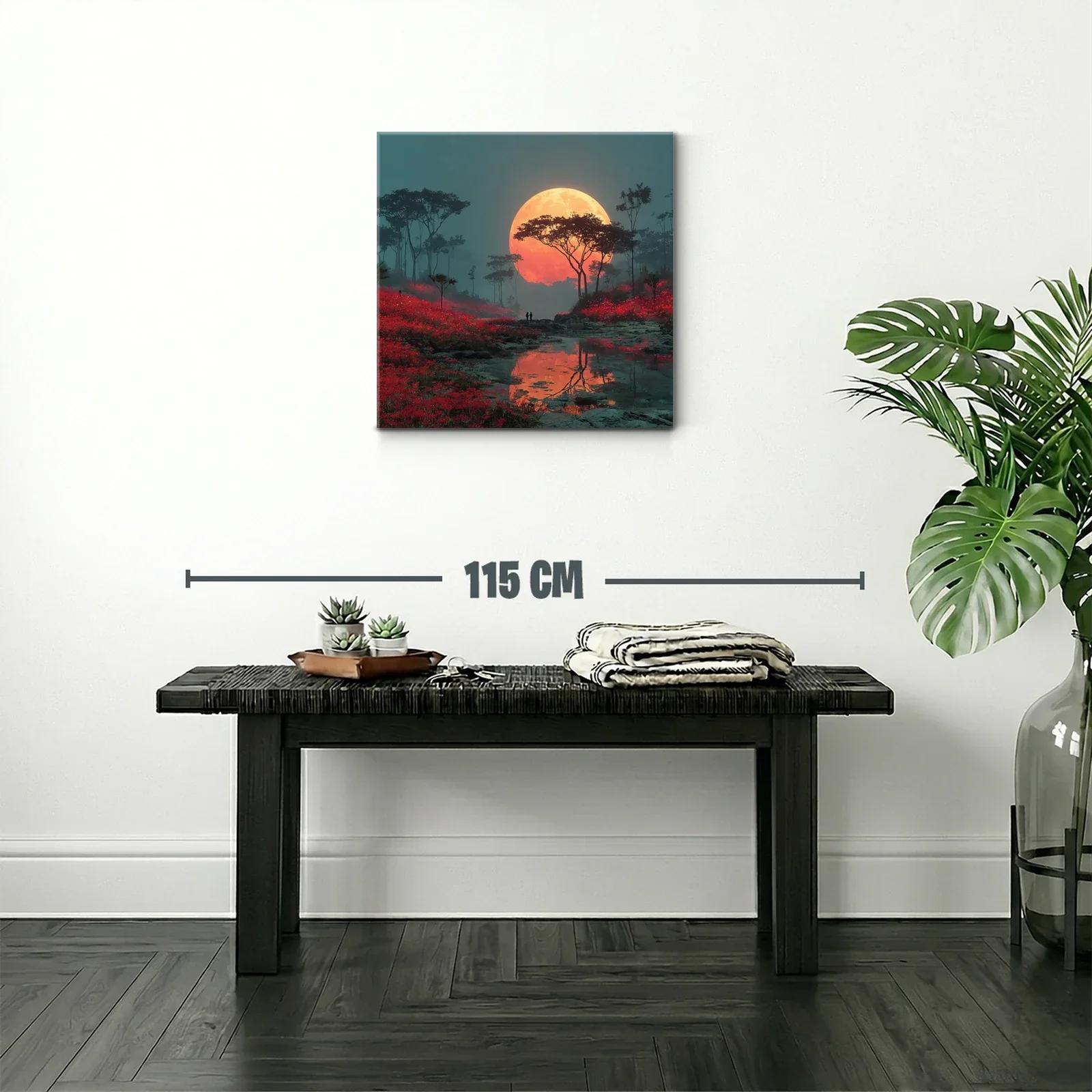 Paisaje nocturno con luna llena y campo rojo vibrante — miniatura 2