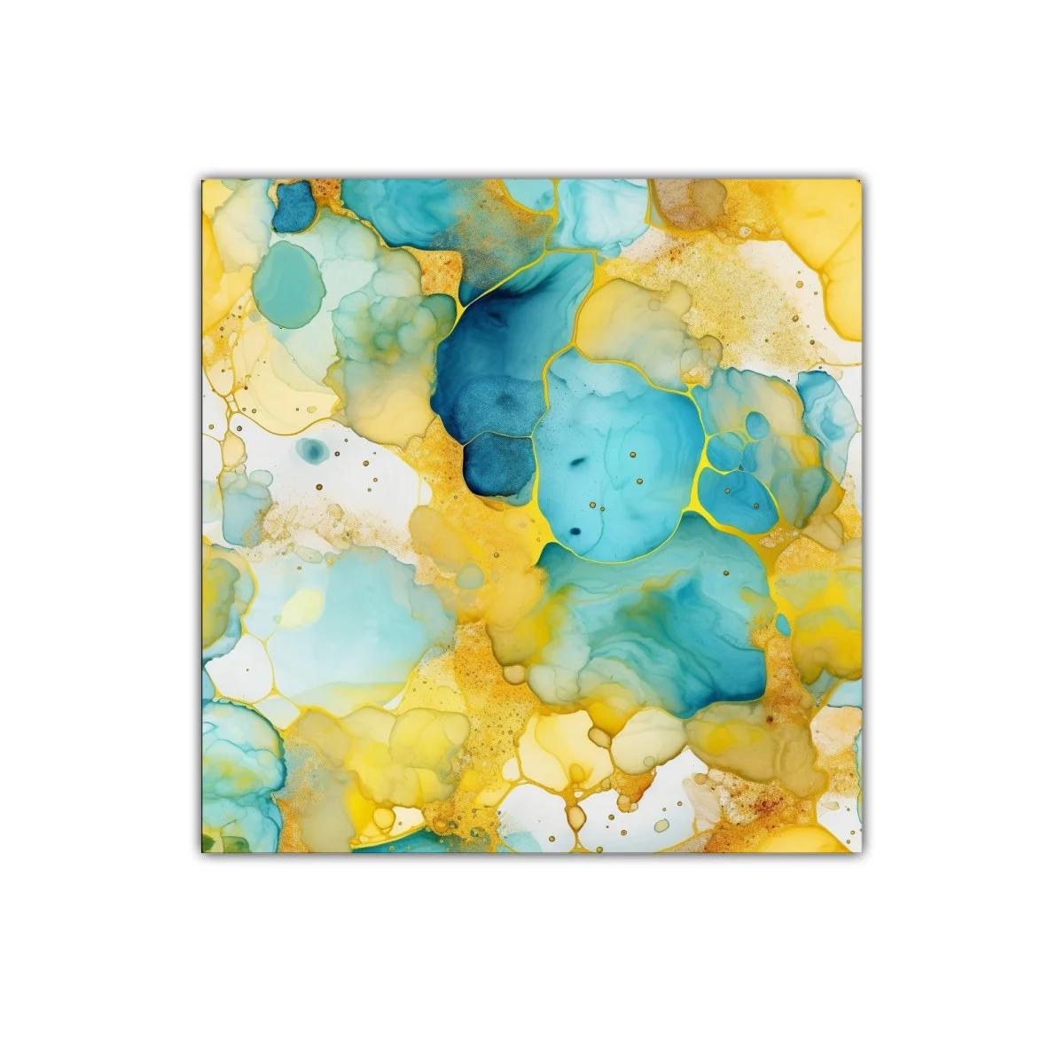Cuadro abstracto en tonos turquesa y dorados vibrantes