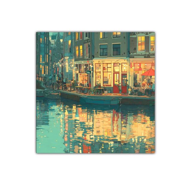 Encanto nocturno de un canal europeo iluminado