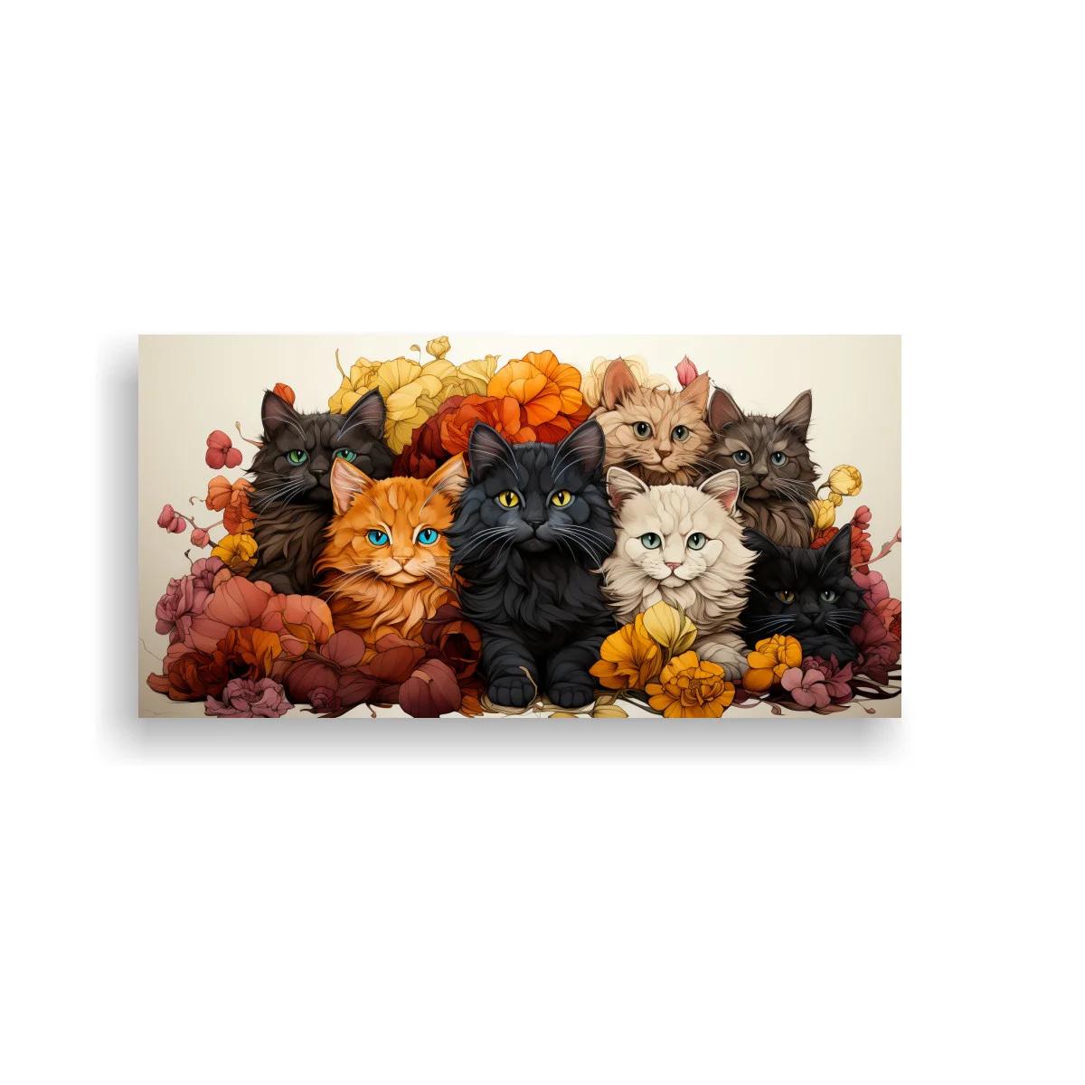 Cuadro grupo de gatos entre flores y hojas secas
