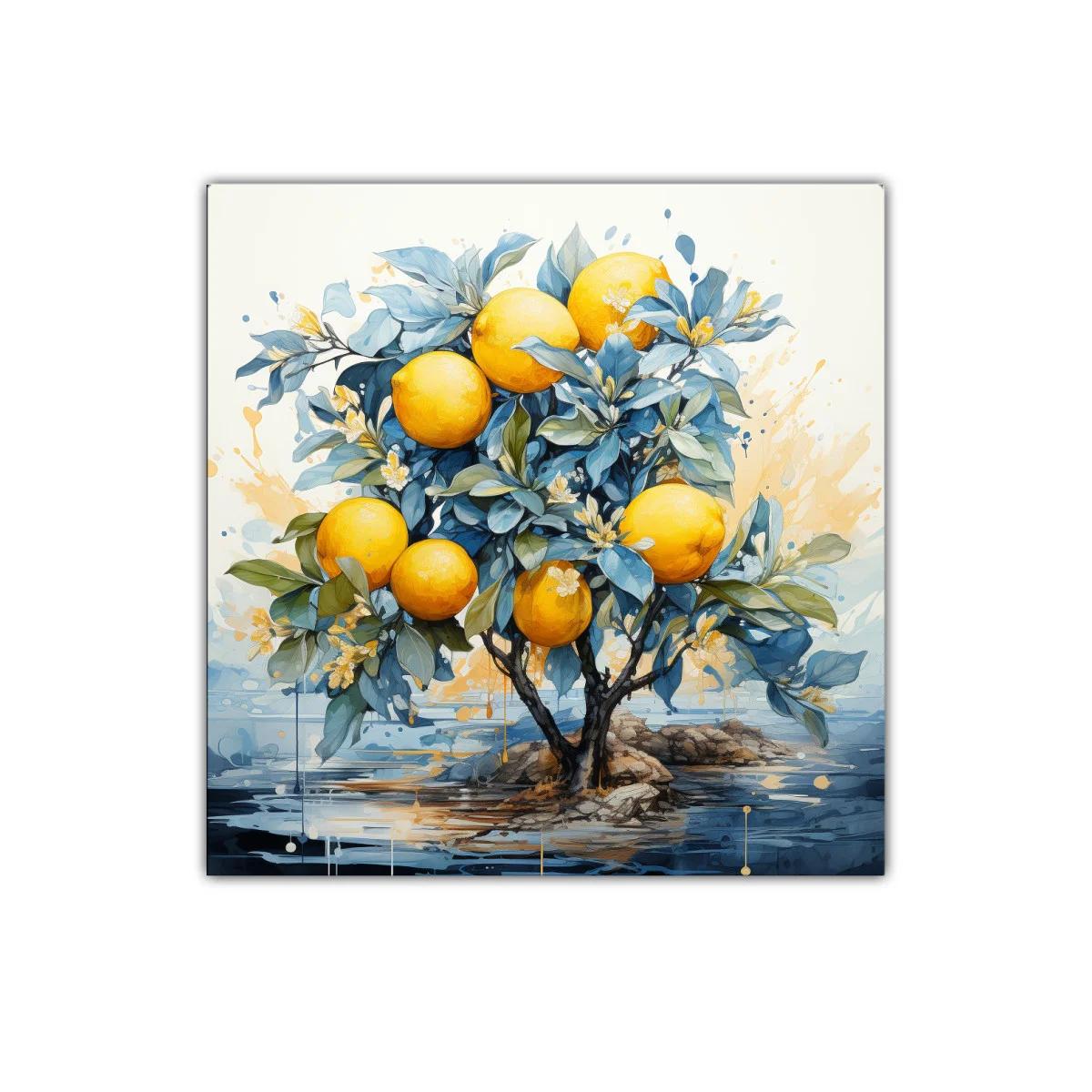 Cuadro decorativo con árbol de naranjas vibrantes y hojas azules — imagen principal