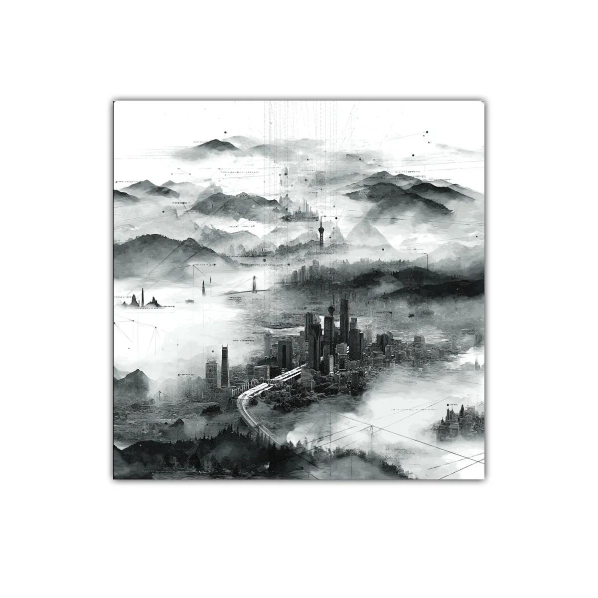 Paisaje urbano en niebla con detalles abstractos en tonos grises
