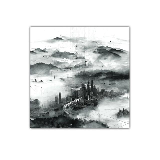 Paisaje urbano en niebla con detalles abstractos en tonos grises