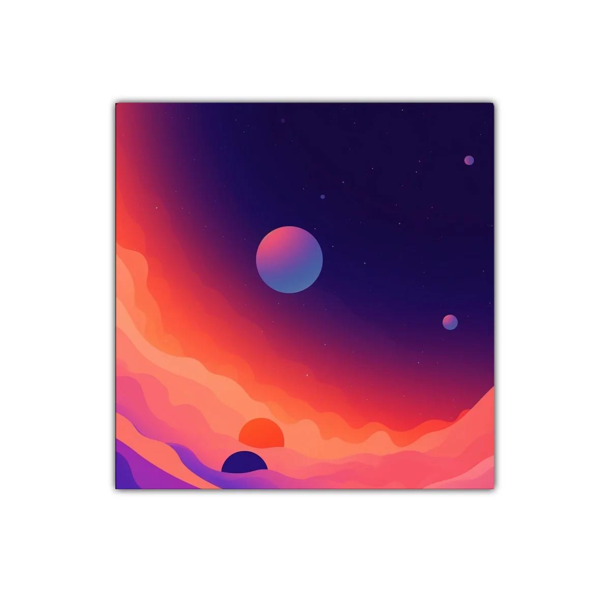 Cuadro abstracto colorido con planetas y horizonte vibrante — imagen principal