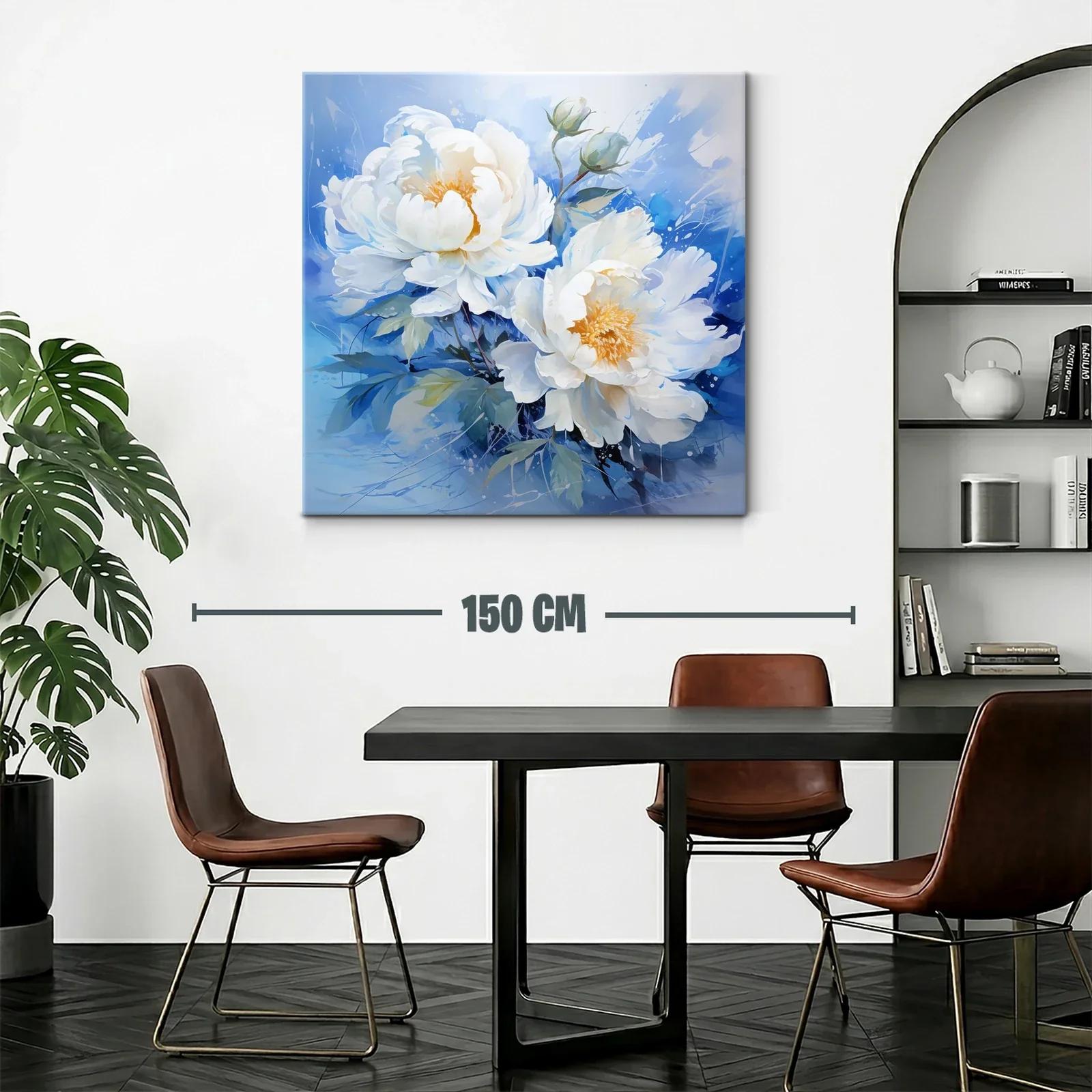Cuadro floral con peonías blancas sobre fondo azul — miniatura 2