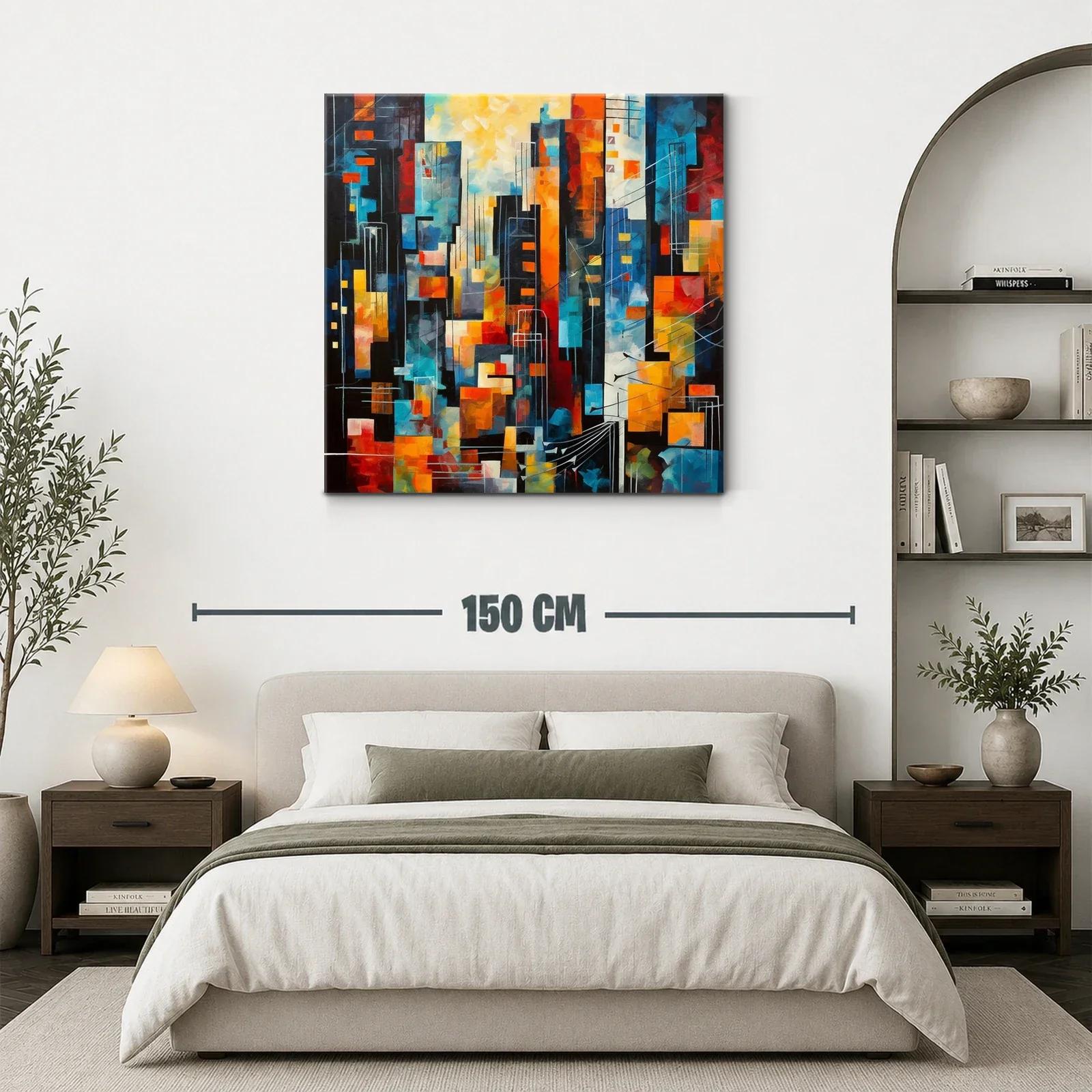 Cuadro abstracto con vibrante ciudad en tonos cálidos y fríos — miniatura 3