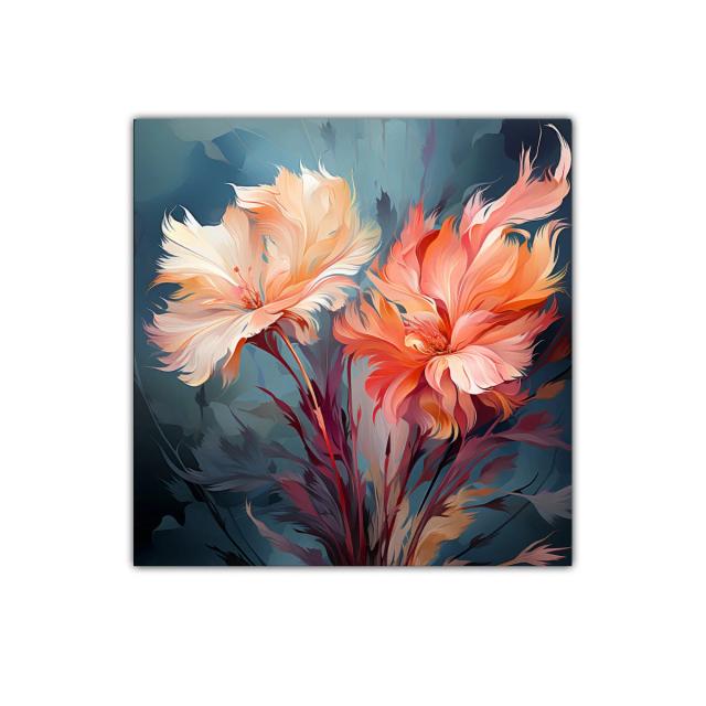 Cuadro floral con tonos cálidos y fondo azul profundo