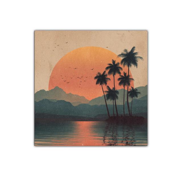 Atardecer tropical con palmeras y reflejo en el agua