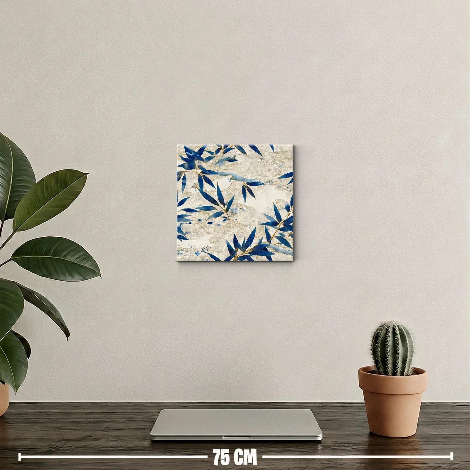 Cuadro con hojas azules y trazos dorados sobre fondo beige — miniatura 2