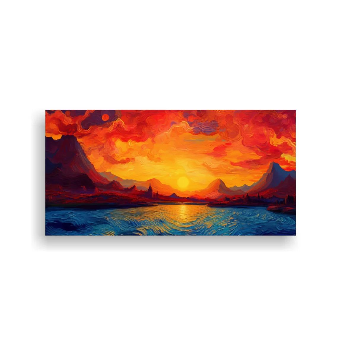Cuadro atardecer sobre un lago entre montañas