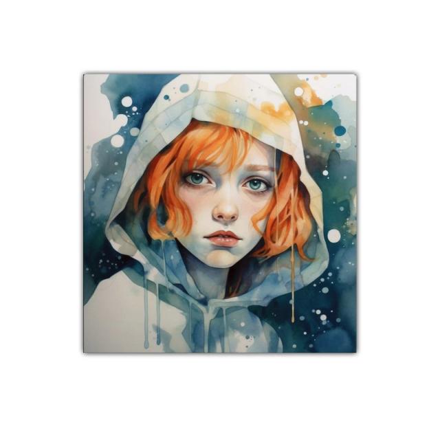 Retrato expresivo con capucha y cabello rojo vibrante