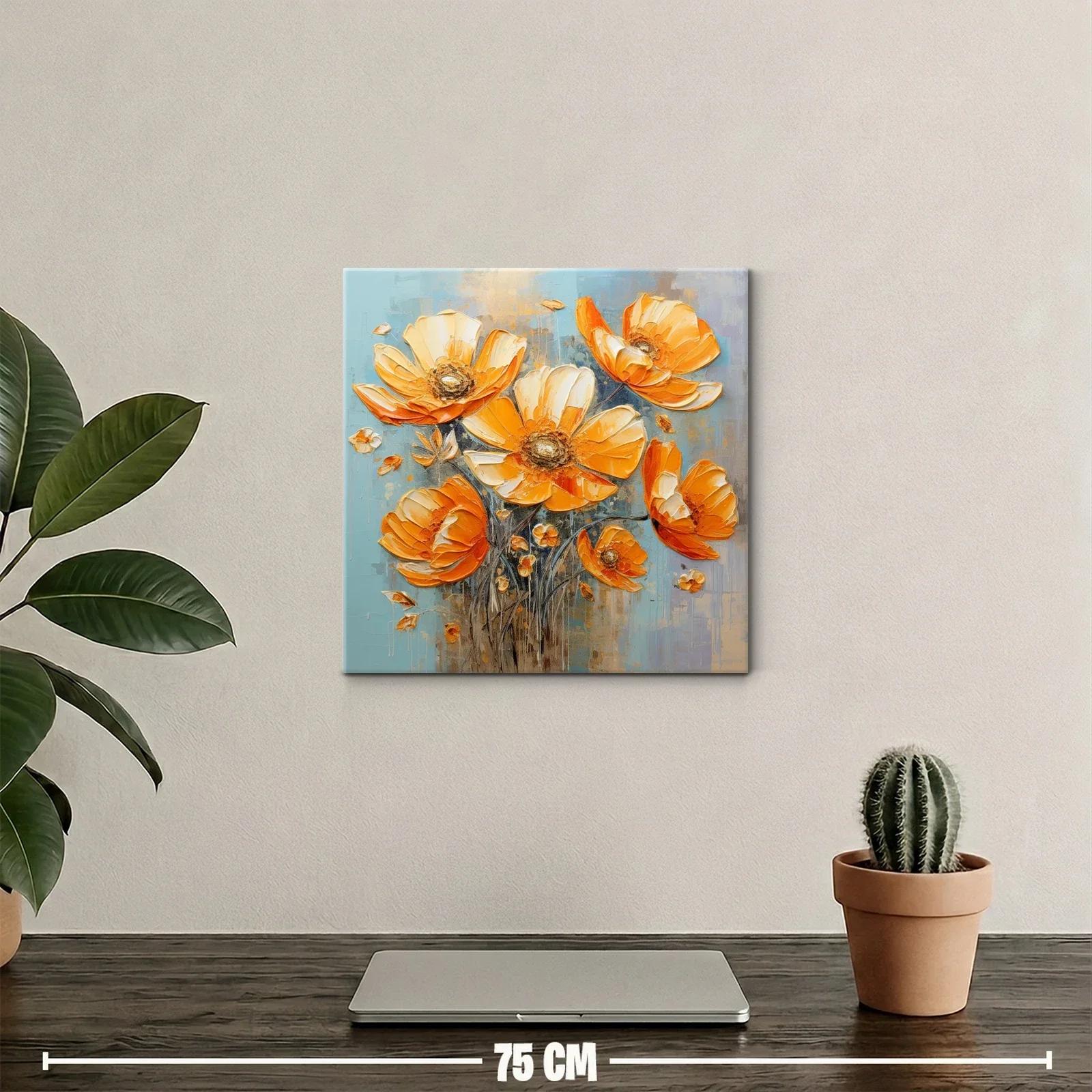 Cuadro floral vibrante en tonos cálidos y fondo azul — miniatura 2