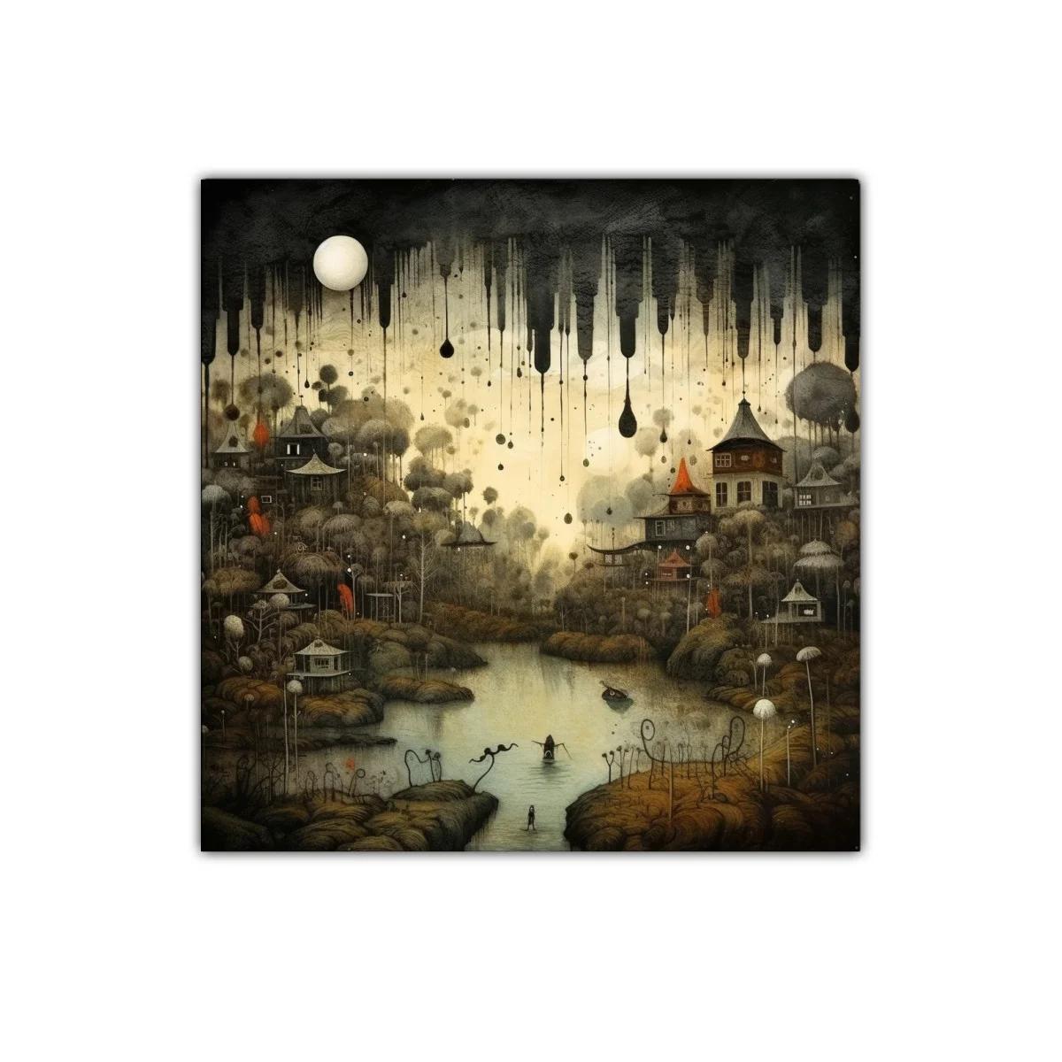 Paisaje Onírico con Casas en Bosque y Río Serpenteante — imagen principal