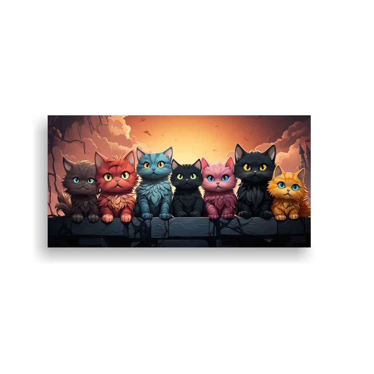 Cuadro seis gatos sobre bloques de piedra y cielo dramático