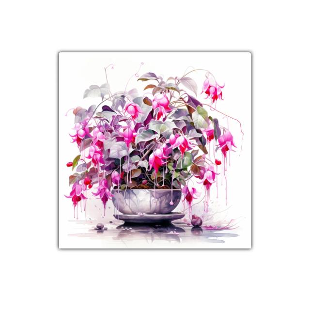 Cuadro decorativo con flores fucsias y hojas grises en maceta