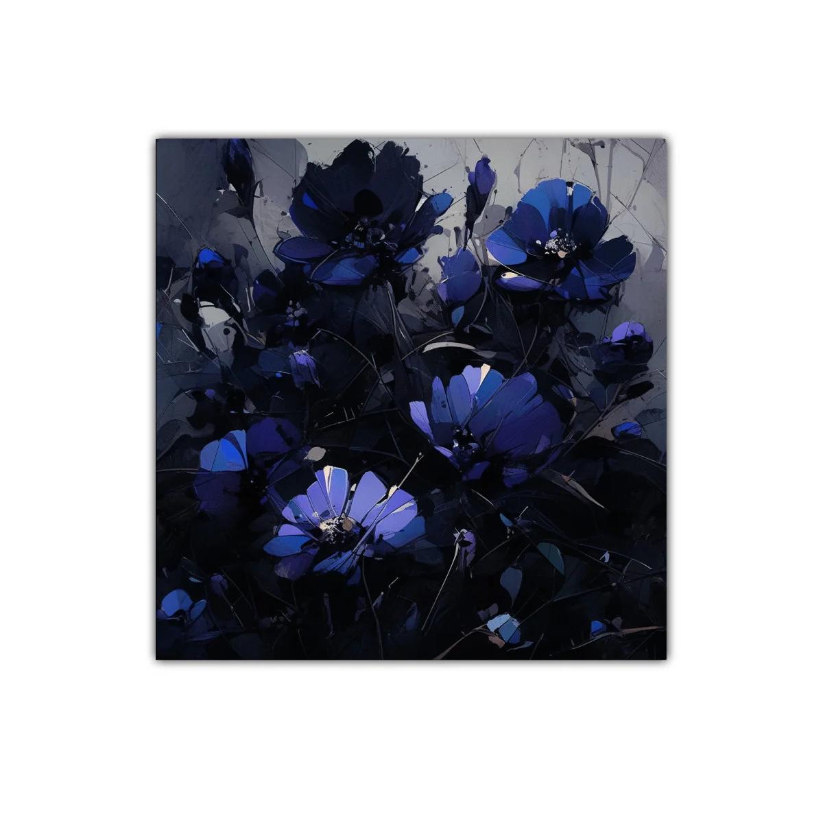 Cuadro decorativo con flores vibrantes en tonos azules y negros