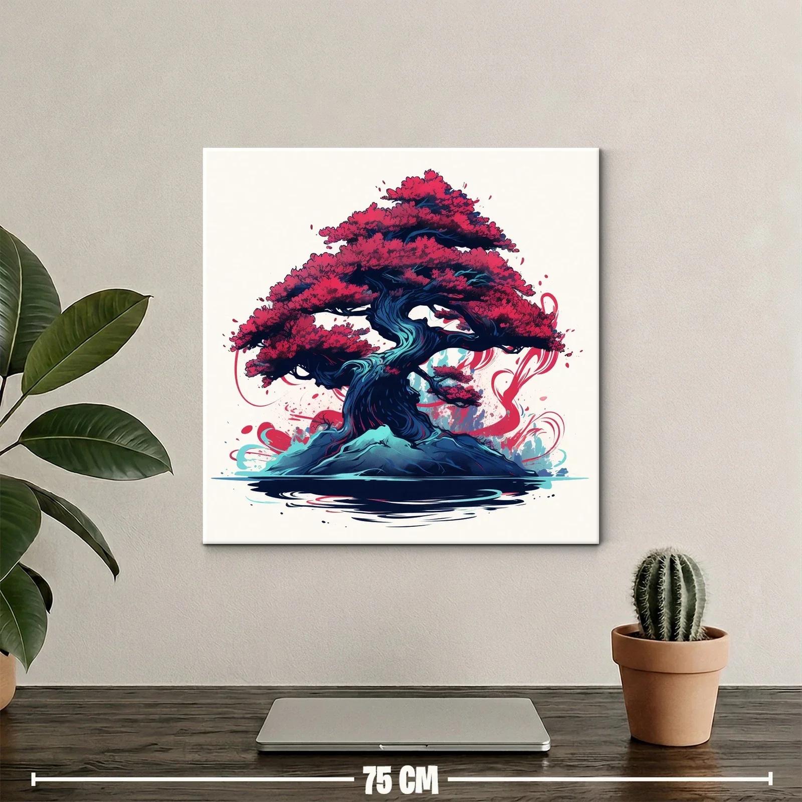 Árbol bonsái vibrante con follaje rojo intenso y base azul — miniatura 2