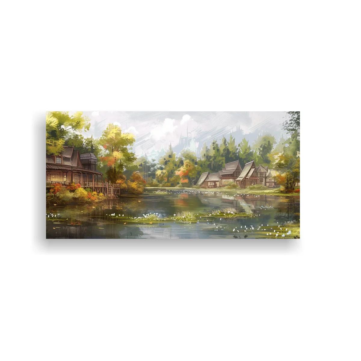 Cuadro aldea junto al lago con puente y árboles dorados