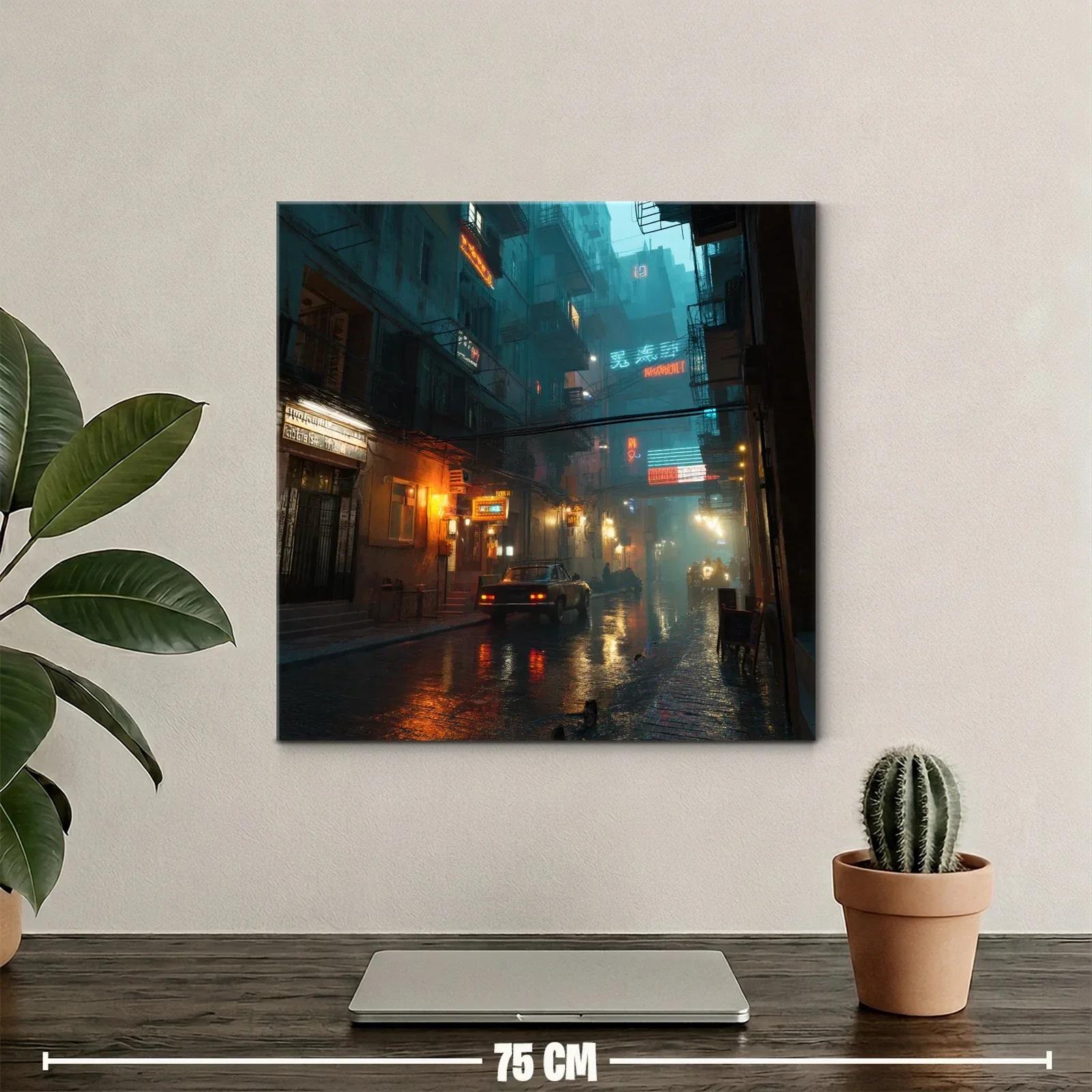 Atardecer urbano con luces de neón en calle lluviosa — miniatura 2
